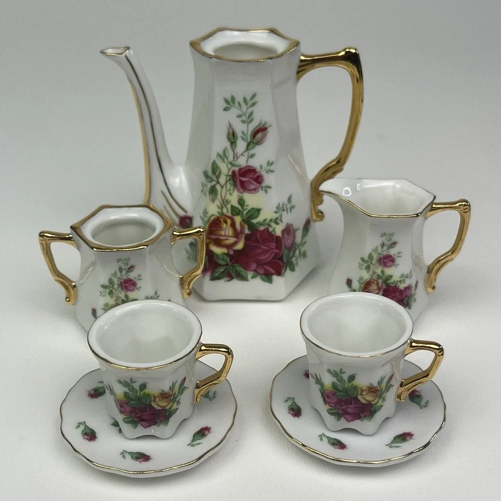 5‎ Piece Porcelain Miniature Tea Coffee Playset Floral Rose Gold Decorative Set